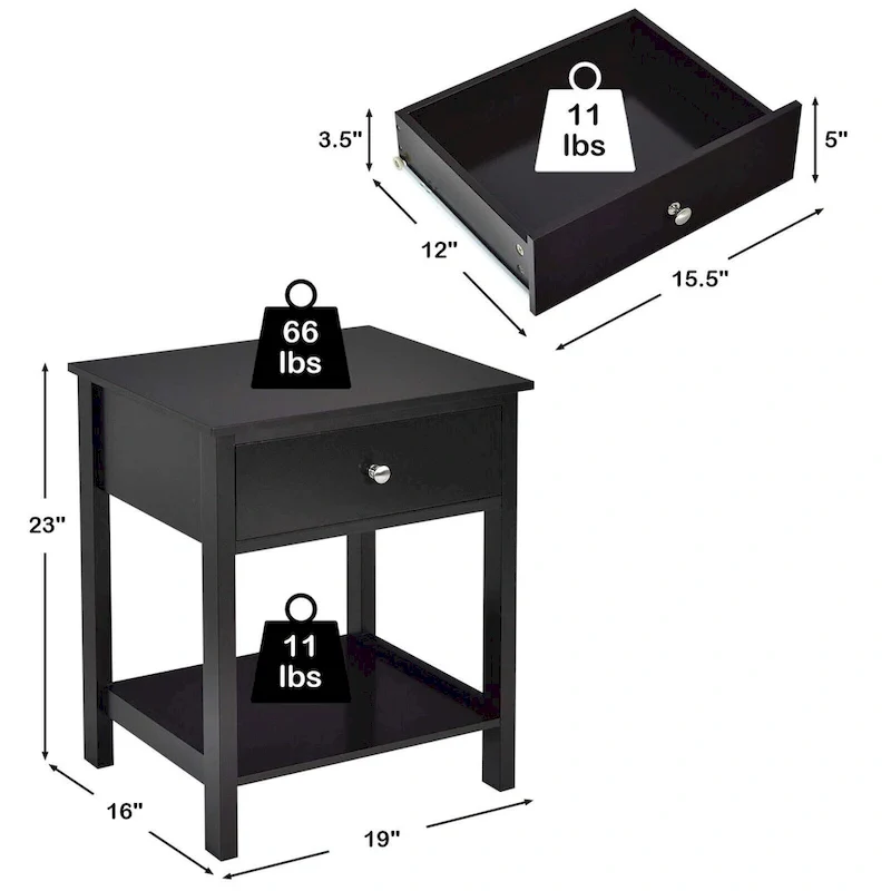 Gymax 2PCS 2-Tier Nightstand Modern Side End Table w/ Drawer & Open