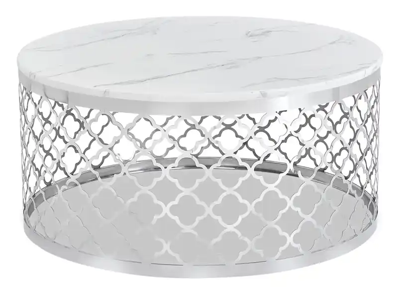 Belle 36 Glam Round Sofa Table - White Marble Top with Stainless Steel Base