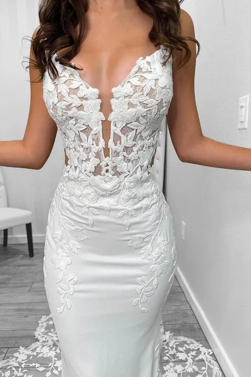 Sexy Satin V-Neck Spaghetti Straps Illusion Lace Applique With Lace Train Wedding Dress