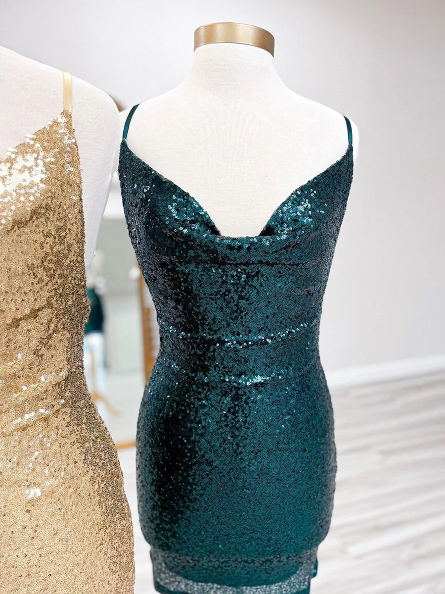 Dark Green - Spaghetti Straps Sequins Sheath Short Homecoming Dress