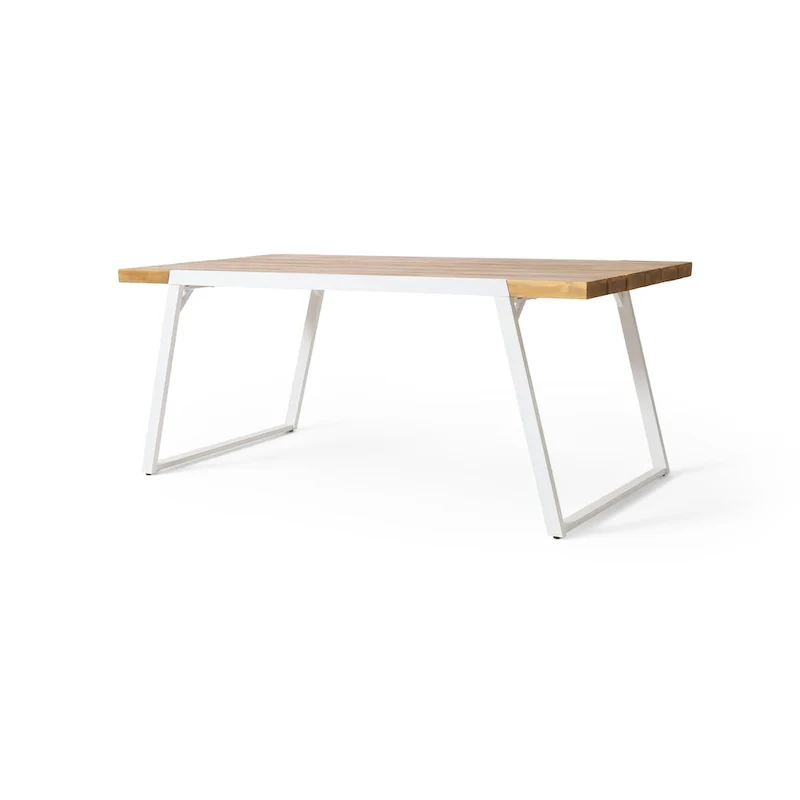 Outdoor Dining Table, Splayed White Sled Base, 71 Inch Acacia Wood