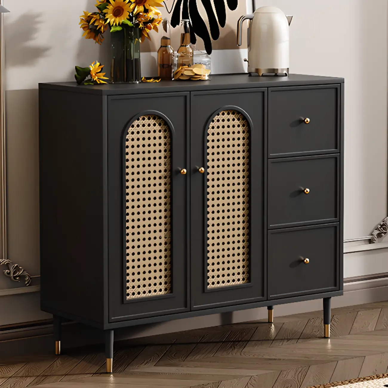 Traditional 3-Layer Rattan Wooden Black Sideboard Cabinet
