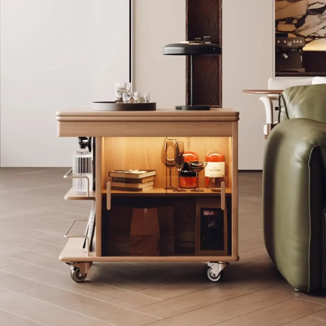 Natural Foldable Top Wood Storage Mobile Side Table