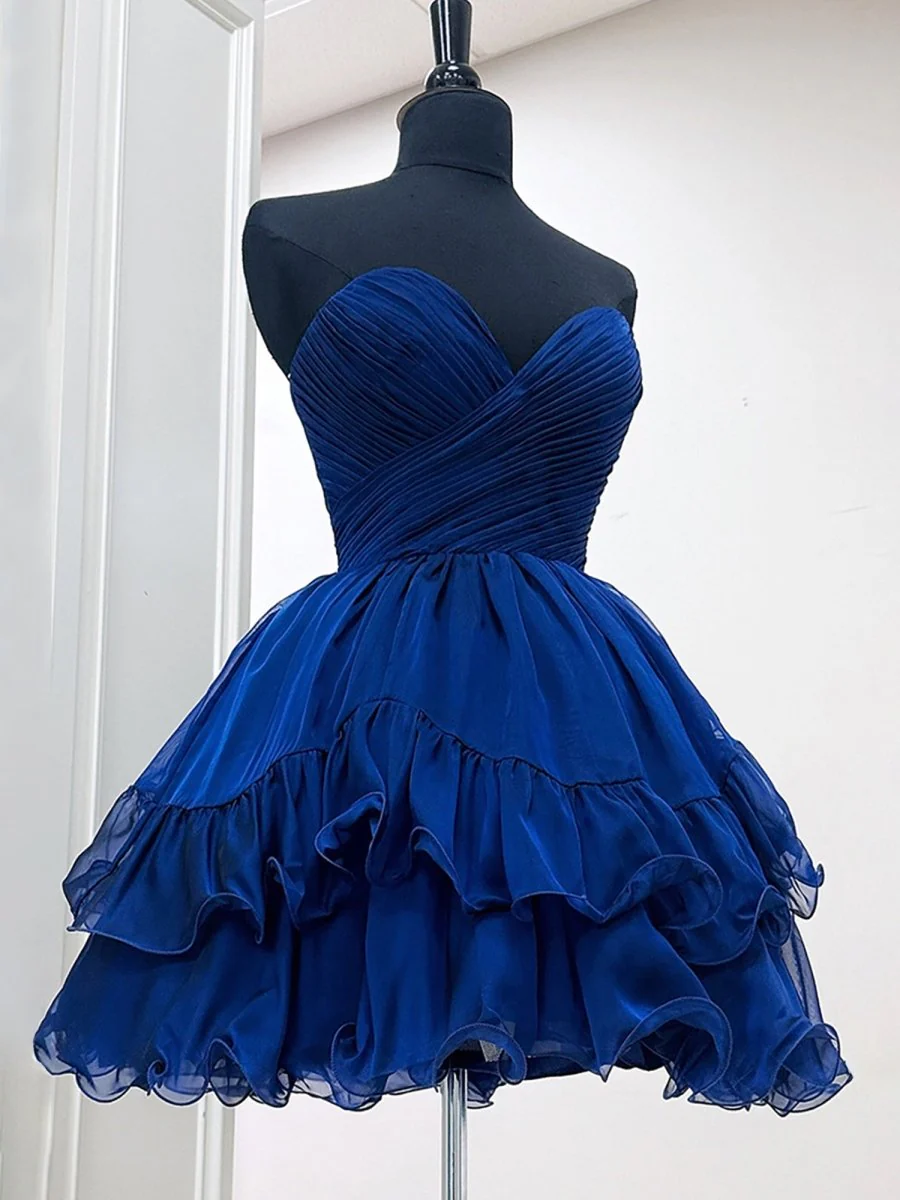 Navy Blue - Strapless Pleated A Line Short Homecoming Dresses With Ruffles