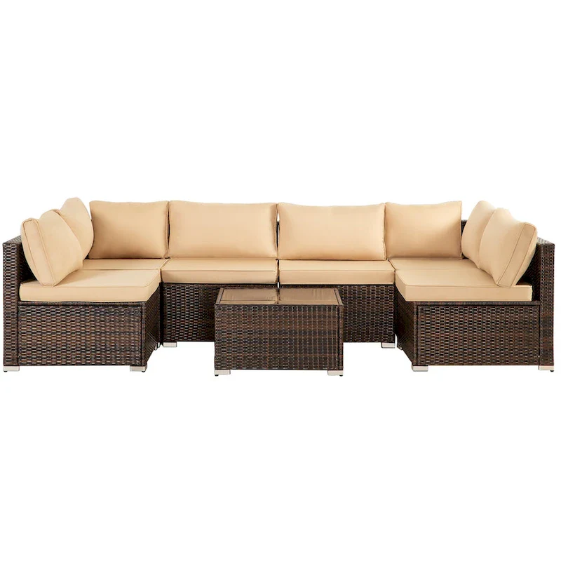 7-piece Brown Patio Wicker Sofa Furniture Set, 6 Sofas, 1 Table