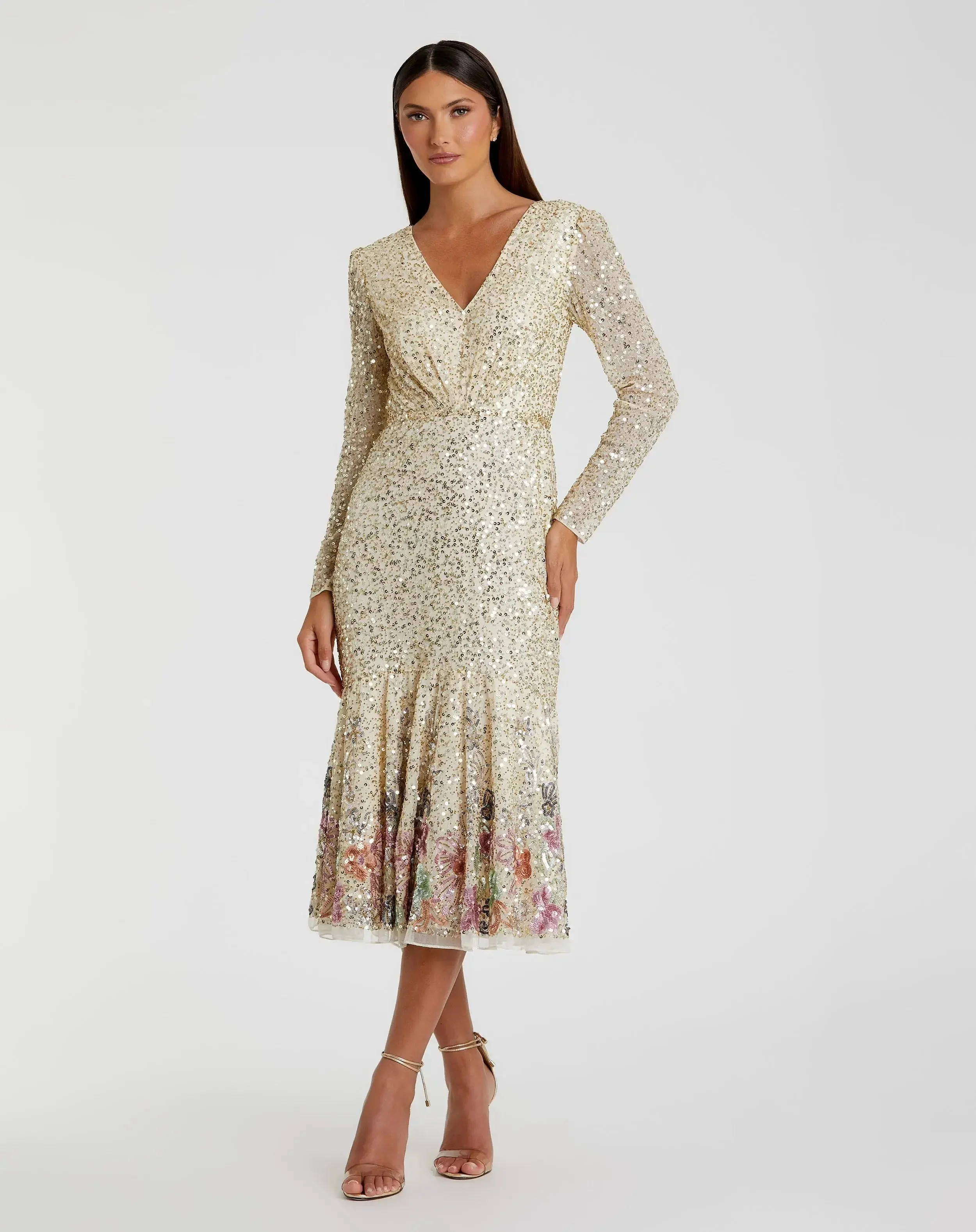 Multicolor Faux Wrap Long Sleeve Tea Length Dress