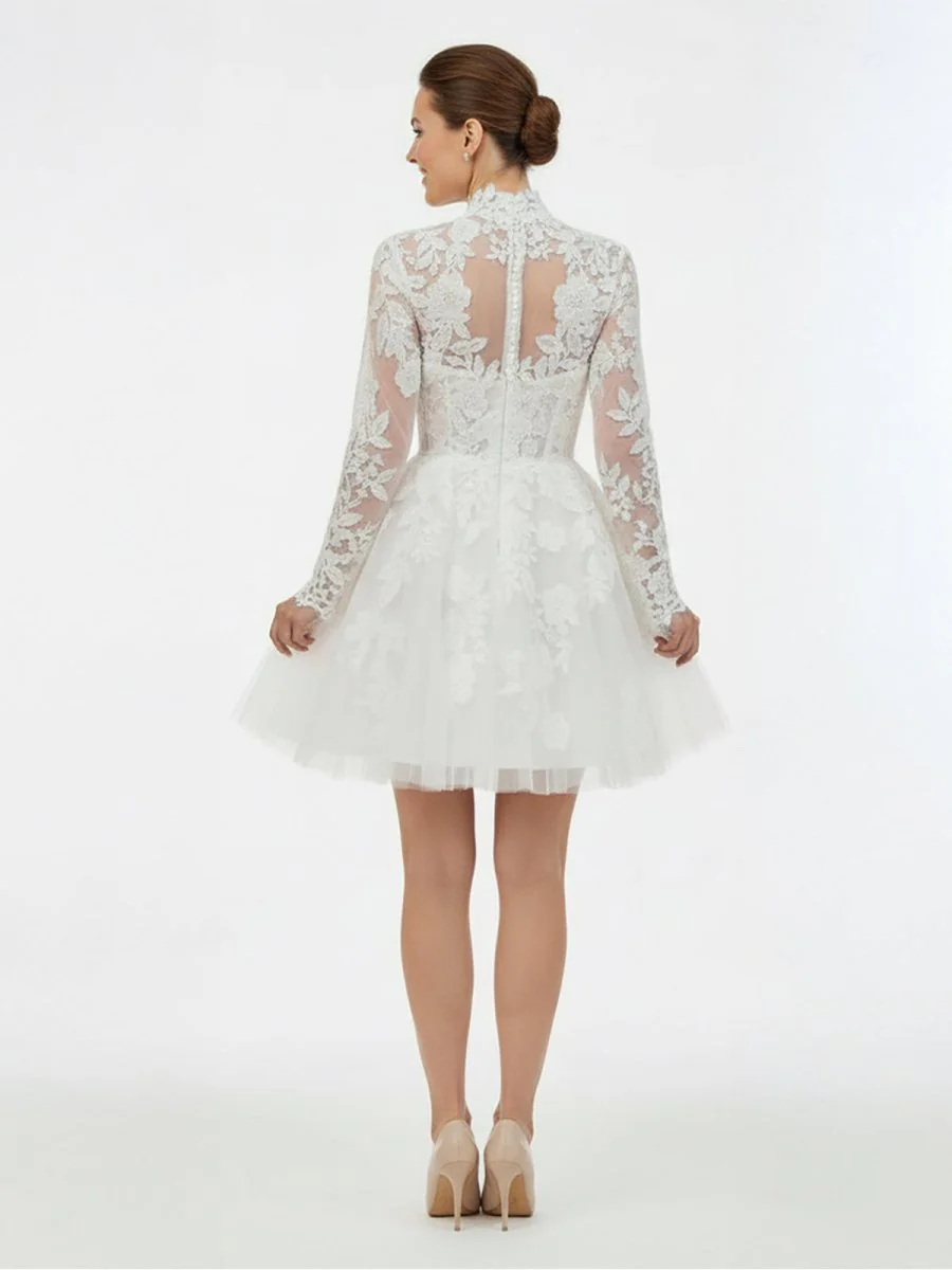 Short White A-Line Illusion Neck Long Sleeves Lace Wedding Dresses