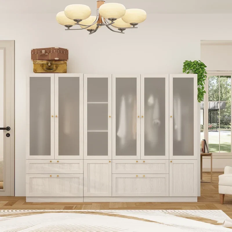 Large Frosted Glass Wardrobe with Soft-Close Hinges | MDF Construction | Light Gray Wood Grain | Gold Handles | Customizable Walk-In Closet