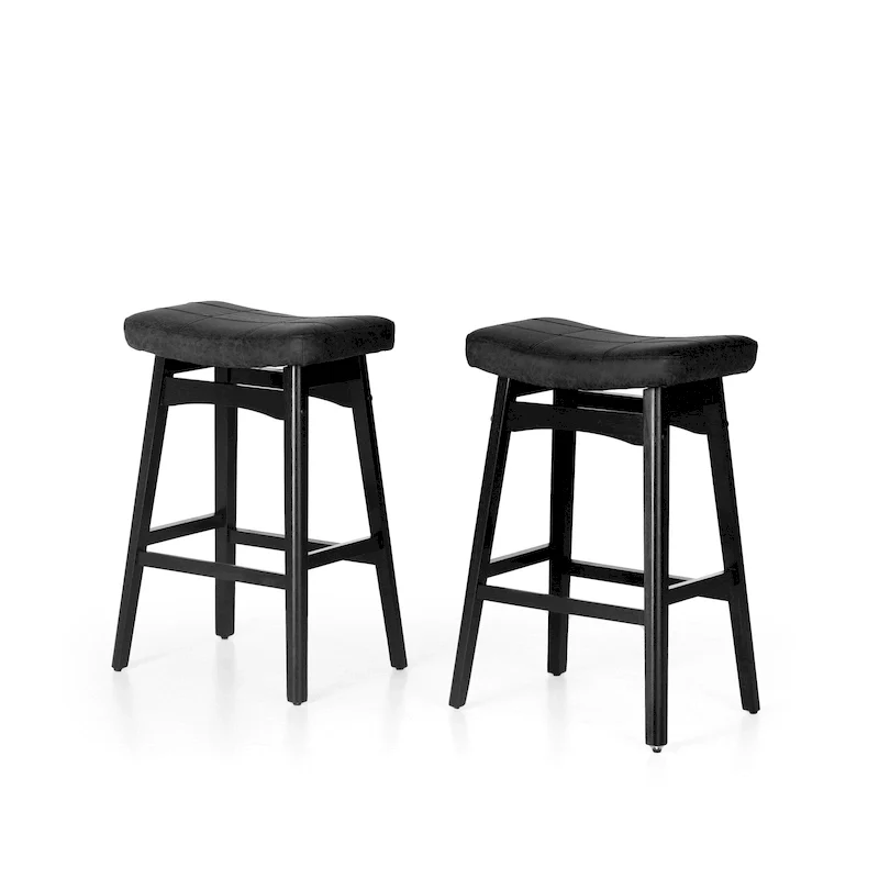 24 Inch Solid Wood Barstools with Linen / PU Leather Fabric Cushion, Set of 2