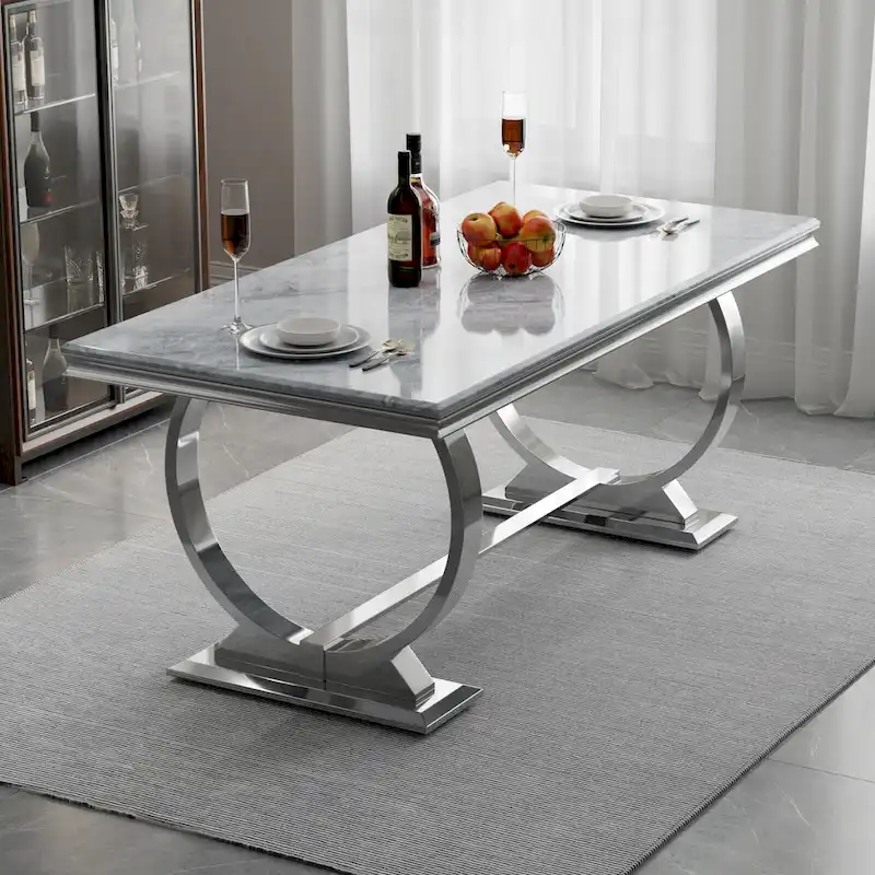 Dining Table with Circular Pedestal Base - Marble Texture Top, Seats 4-8 (Black/Grey/White)