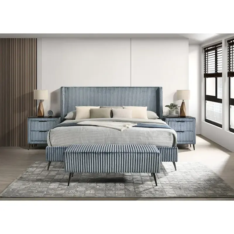 Mavela Wide Wale Corduroy Upholstery Panel Bed with 2 Nightstands and Bench, Blue