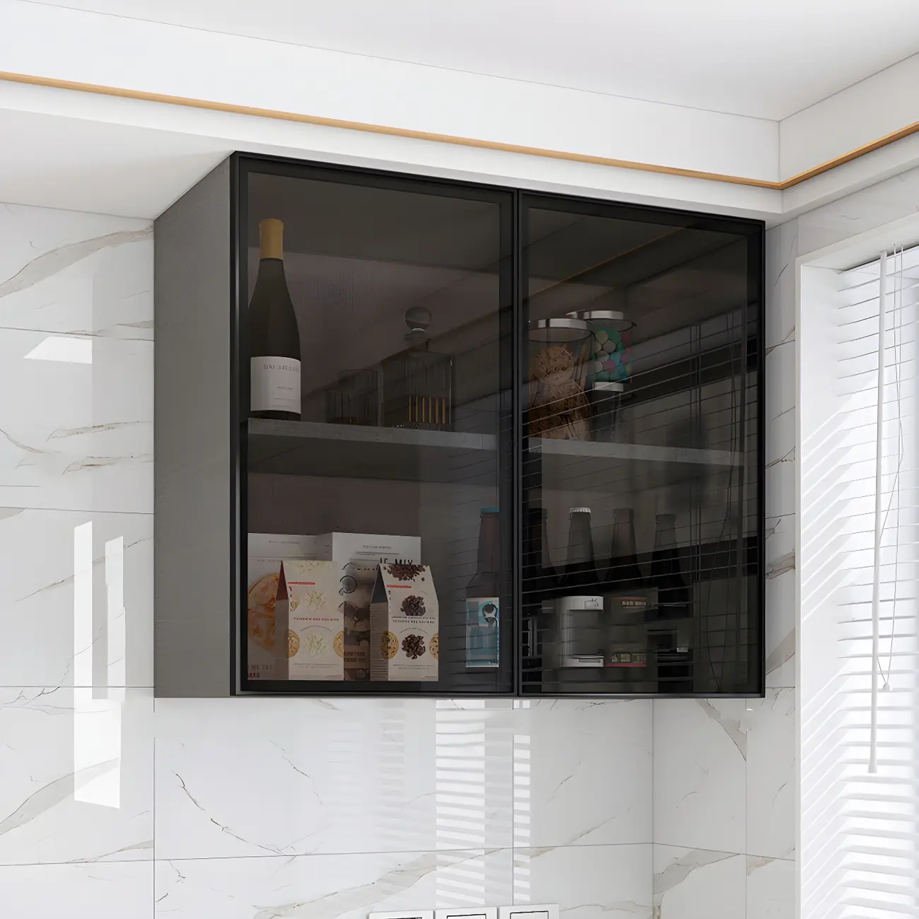 Wood Floating Open Storage China Cabinet with Glass Doors