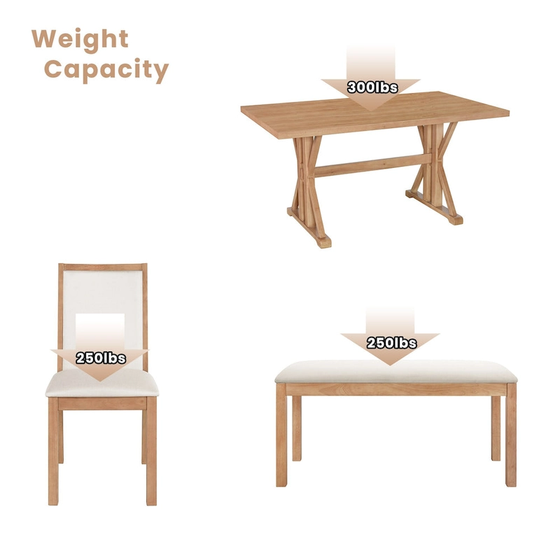 Farmhouse Style 6-Piece Dining Table Set with 4 Upholstered Dining Chairs and Bench