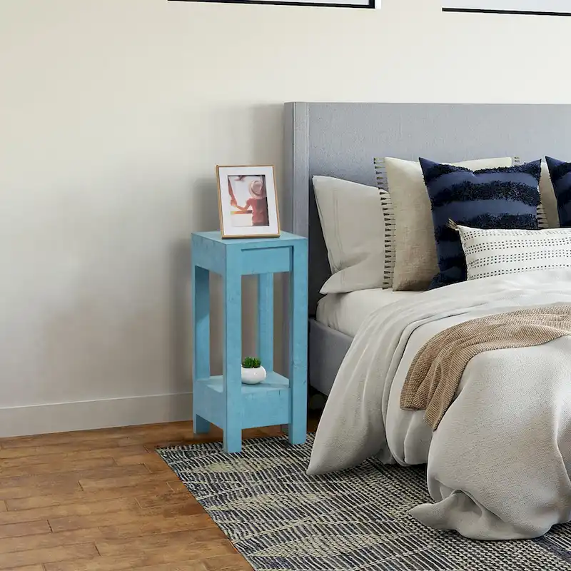 Blue-Green Painted Solid Wood End Table with Shelf