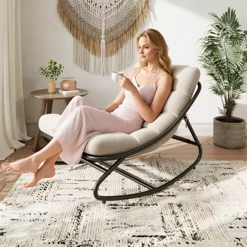 Oversized Papasan Rocking Chair, Recliner with Comfy Thick Cushion, 450 lbs Capacity, Comfortable Weather-Resistant Indoor Outdoor Patio Lounge
