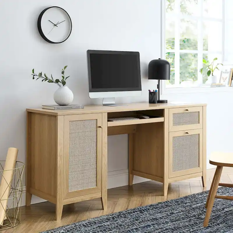 63-inch Office Desk with Rattan Weave and Storage