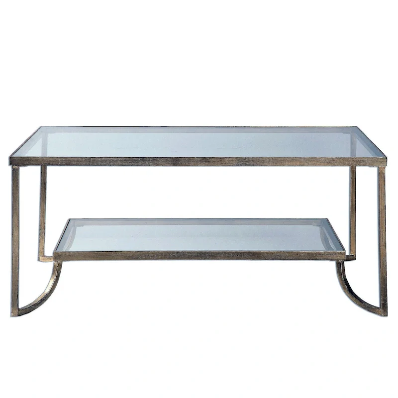 Gold Antiqued Hand-Forged Iron Coffee Table with Tempered Glass Top and Gallery Shelf – 47 in
