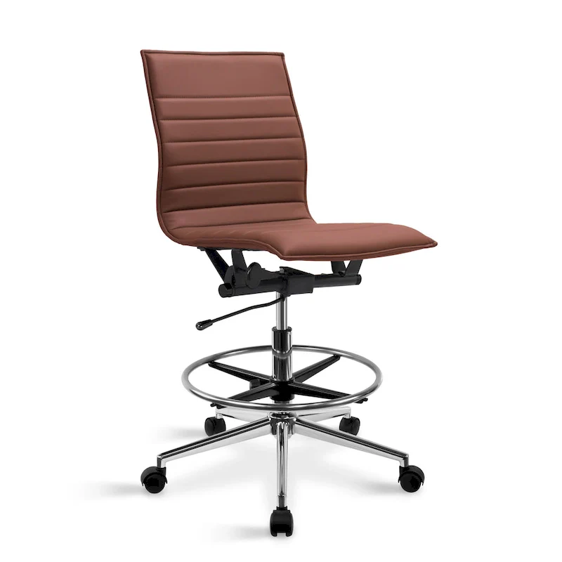 Modern Drafting Chair Upholstered PU Leather Ribbed Armless Mid Back with Tall Adjustable Base & Leg Rest