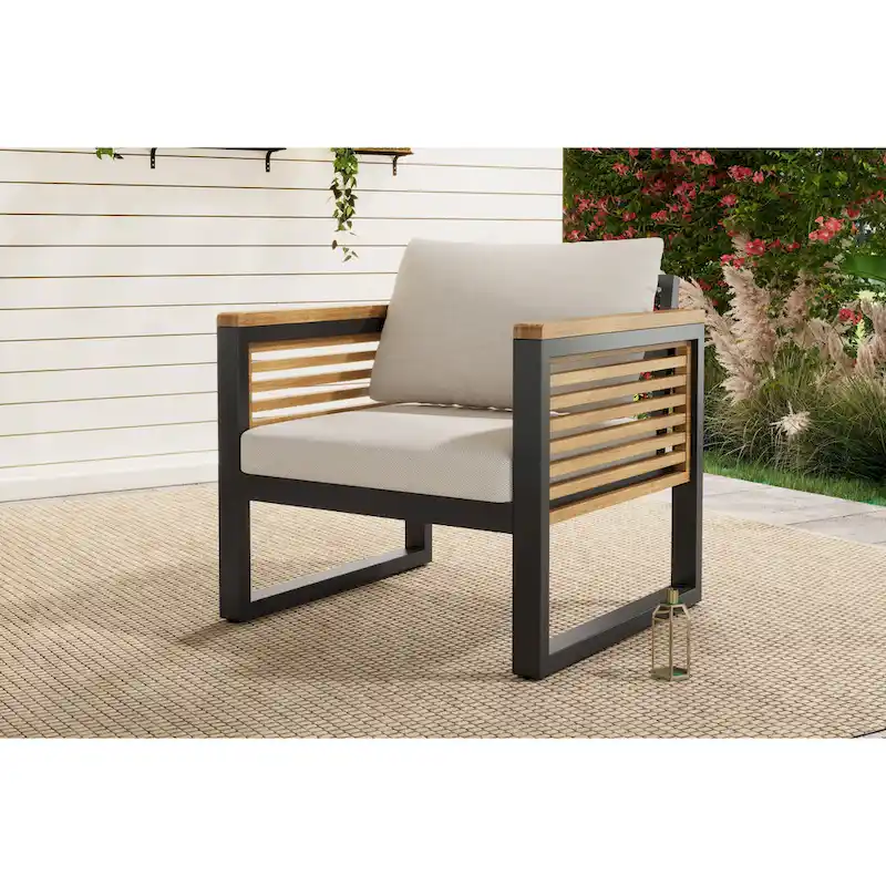 Outdoor Acacia Wood and Metal Patio Chair with Cushions