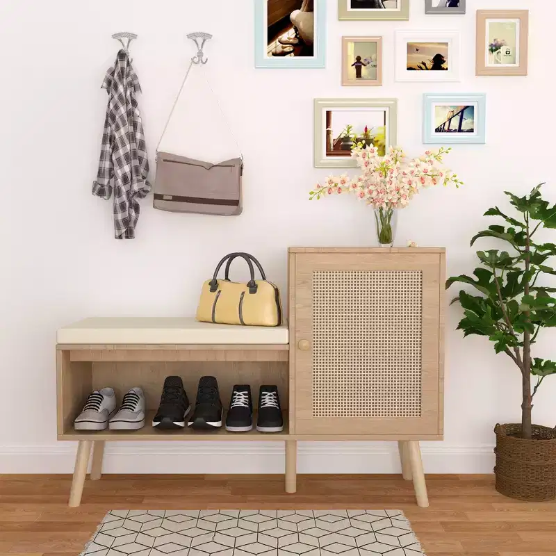 JVNOXK 2-in-1 Shoe Cabinet Storage Bench, PP Rattan Shoe Cabinet with 2 Adjustable Shelves and Removable Cushion, Shoe Organization Storage Cabinet