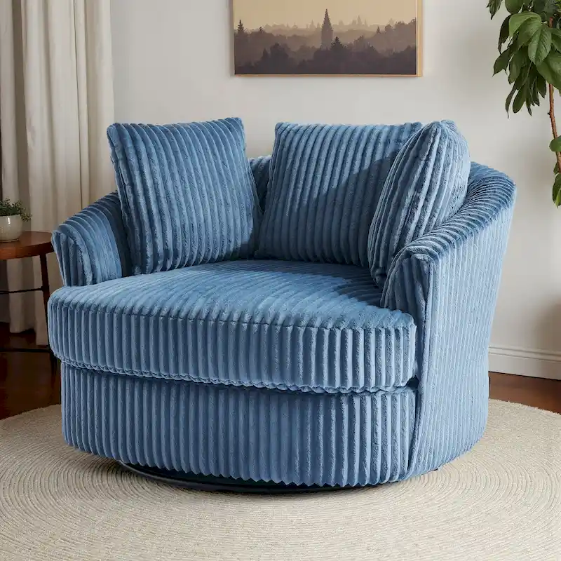 Oversized 43 W Plush Corduroy Recessed Arm Swivel Barrel Chair