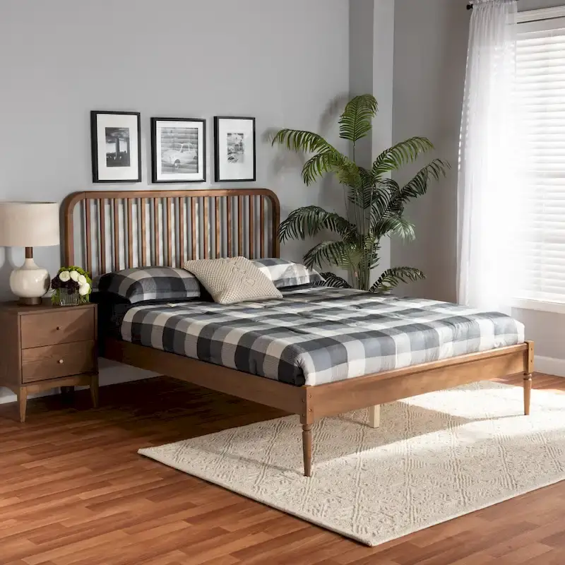 Walnut Brown Slatted Wood Platform Bed, Full/Queen/King