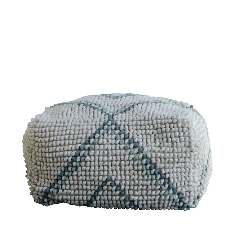 Cream/Grey/Teal Wool & Cotton Round Pouf Ottoman, 24