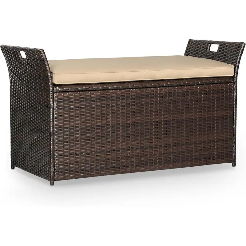 90 Gallon Outdoor Patio PE Rattan Wicker Storage Bench Deck Box with Cushion