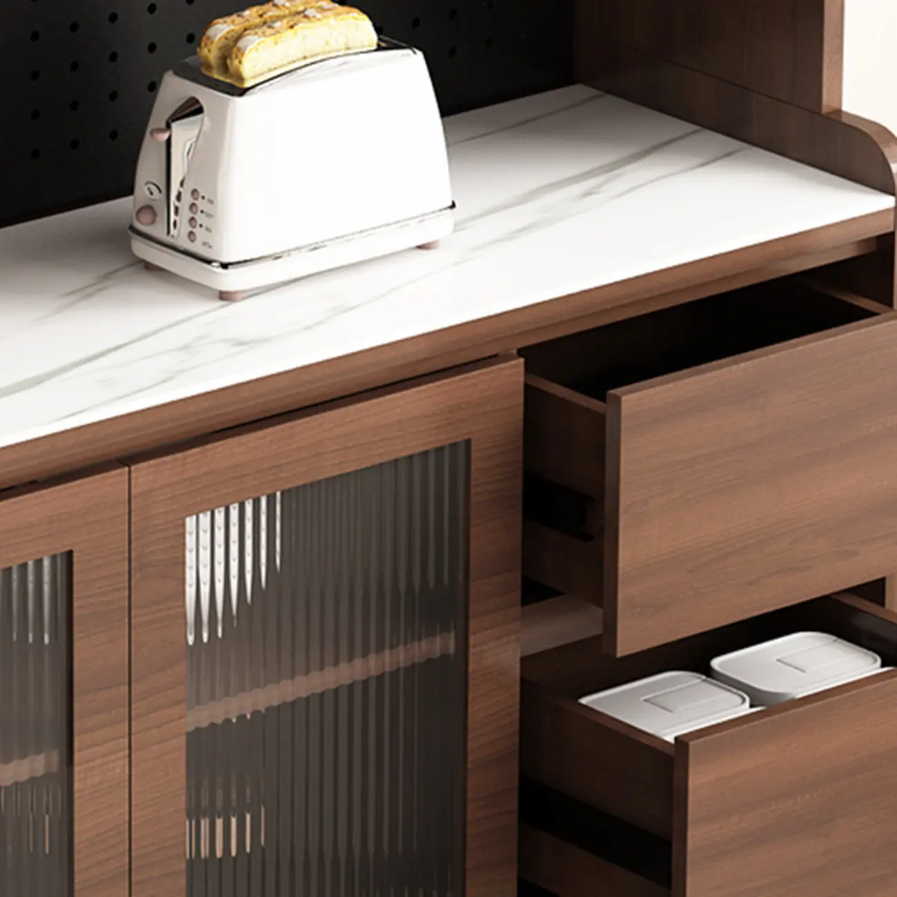 Wide Brown Wooden Pegboard Back Sideboard with Hutch