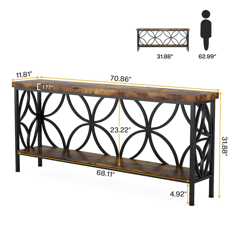 Extra Long Sofa Table with Metal Frame & Rustic Wood Finish - 70.86  L x 11.81  W x 31.88  H