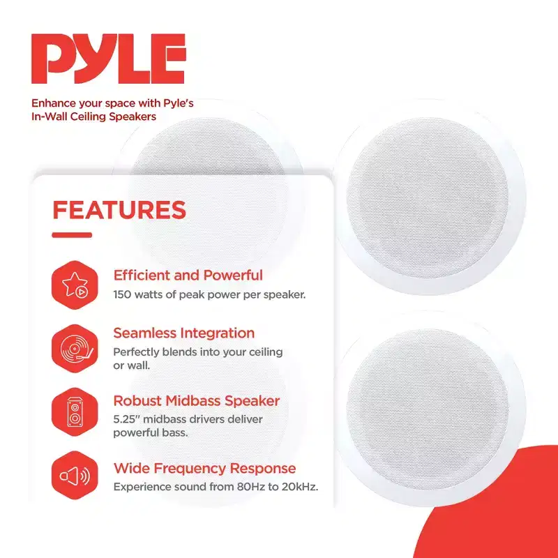 4) Pyle PDIC51RD 5.25 Inch 150W Round White In-Ceiling Wall Flush Speakers Four