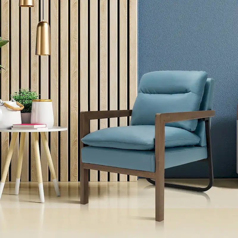Blue Linen Accent Armchair with Rubber Wood Legs – 1-Seat