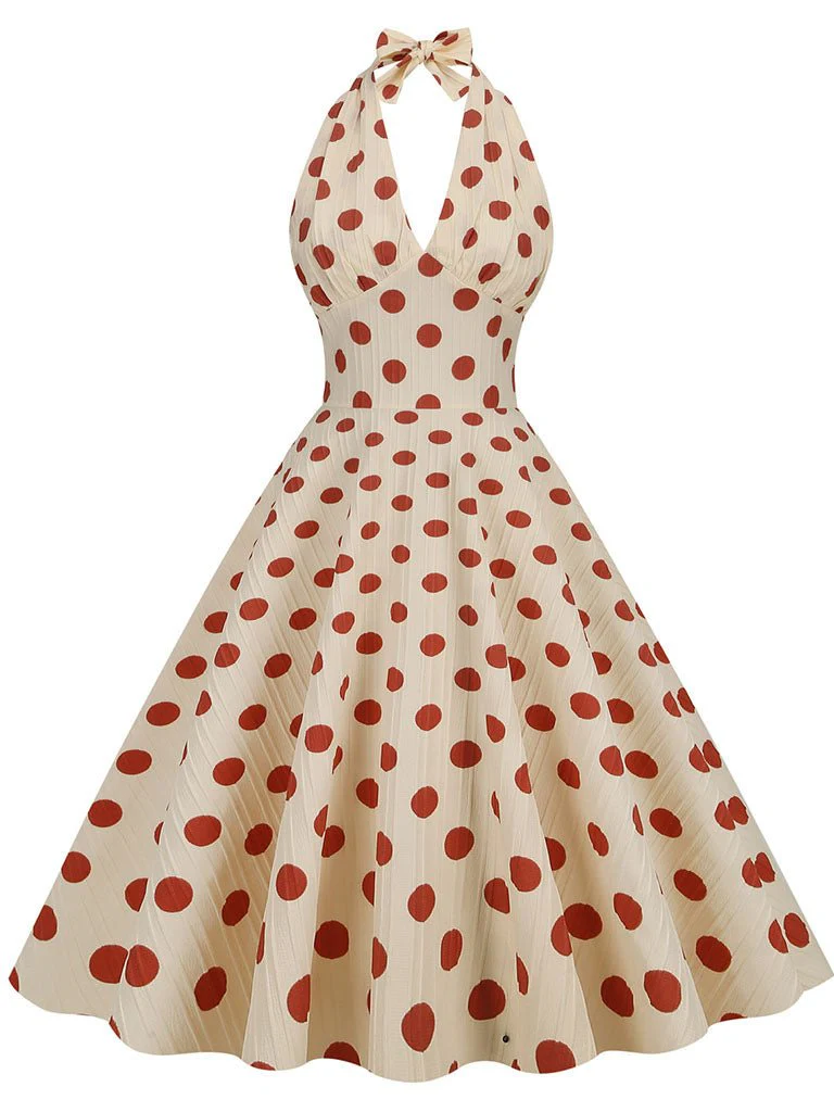 Polka Dots Halter Audrey Hepburn Style 1950S Vintage Dress With Bow Backless