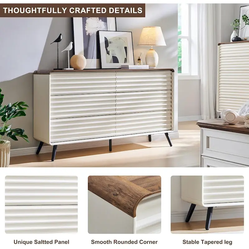 Mid Century Modern 6 Drawers Dresser, Wood Fluted Chest of Drawers