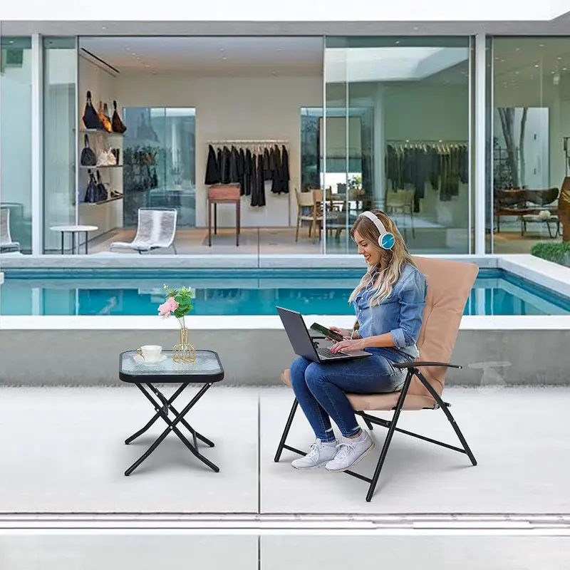 3-Piece Folding Patio Bistro Dining Set, Furniture Set with 2 Folding Reclining Chairs with Cushion and 1 Folding Glass Table