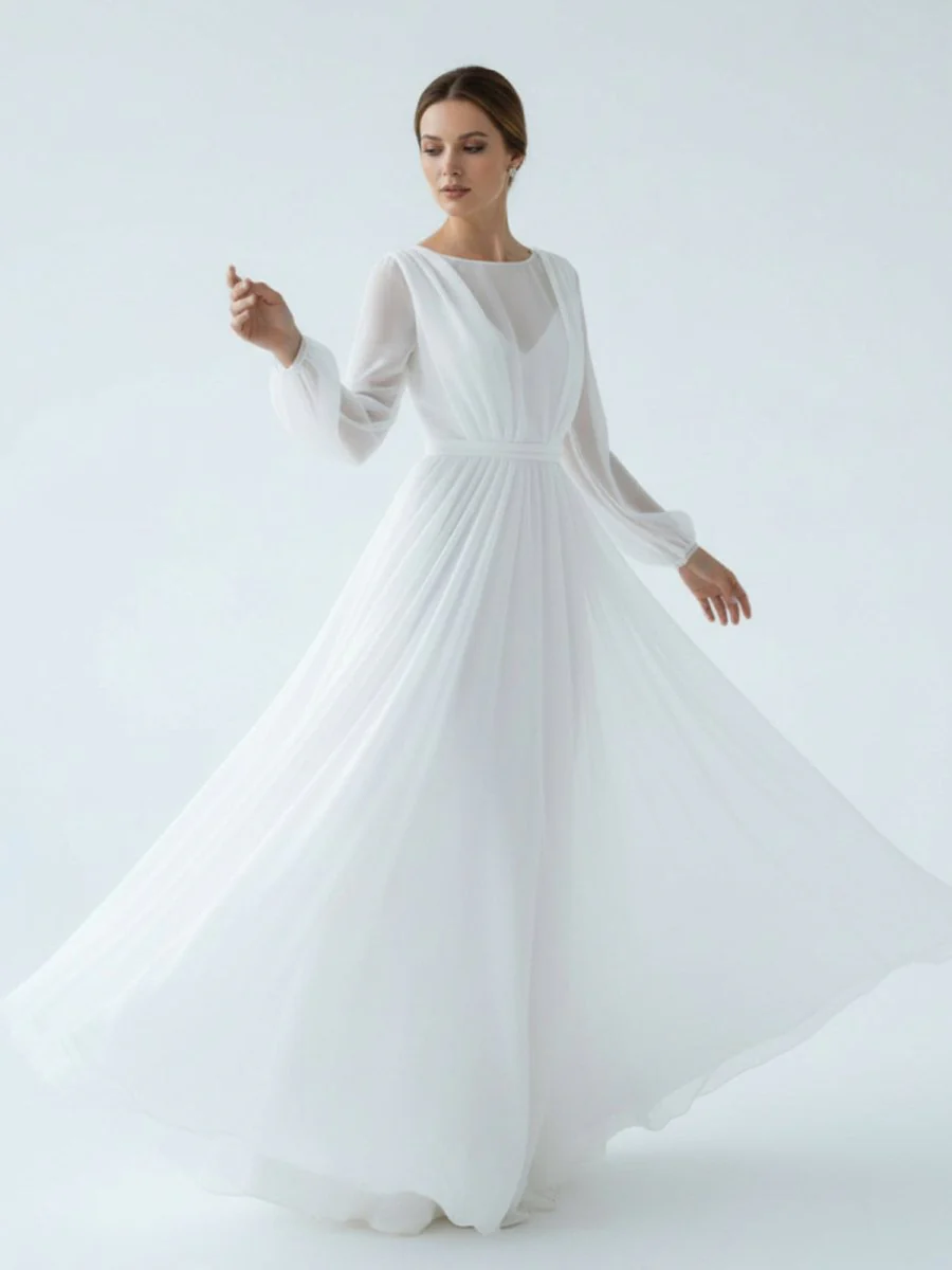 A-Line Illusion Neck Long Sleeves Sweep Train Organza Wedding Dresses
