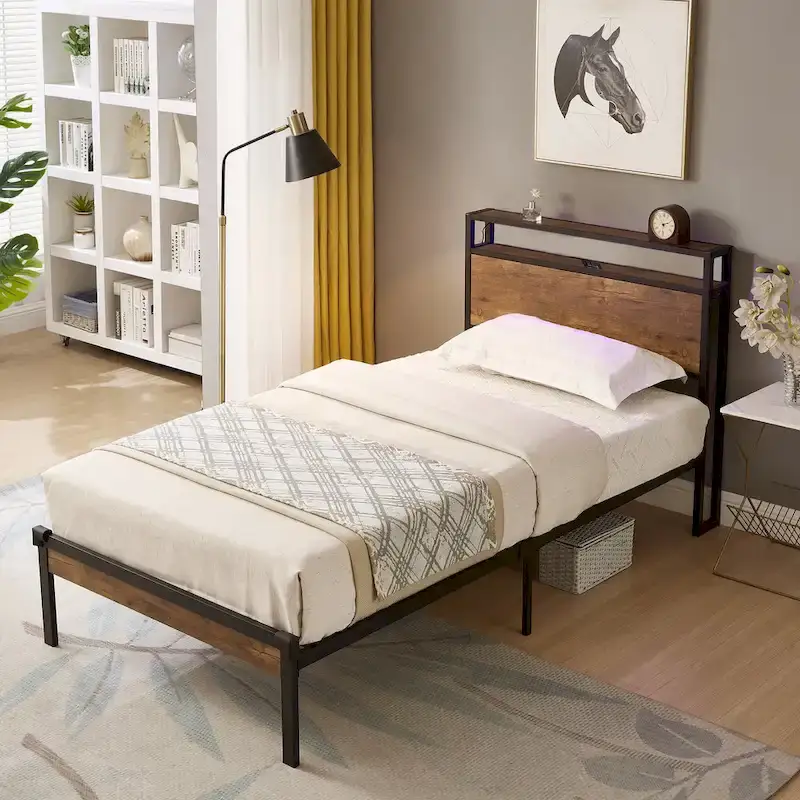 Black & Brown Metal Platform Bed with Wood Headboard & Footboard, Full Size, 1-Person