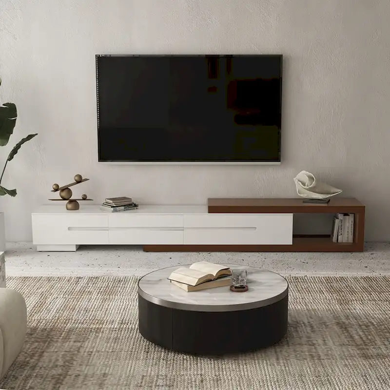 Extendable TV Stand with Drawers and Open Shelves