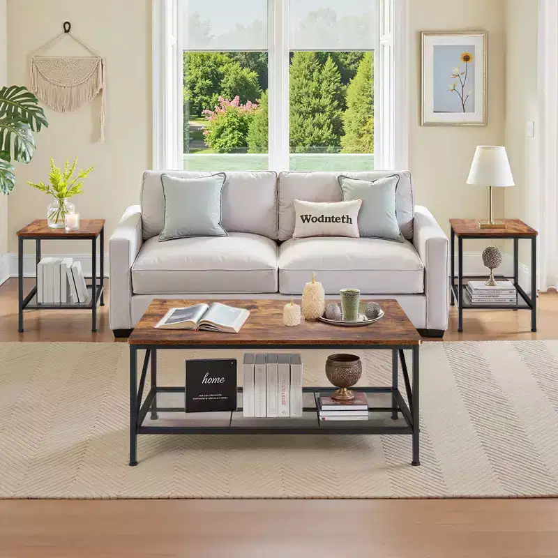 VEVOR 3 Pieces Living Room Table Sets, 41.3 in Industrial Coffee Table with 2 Square End Side Tables, Brown&Black