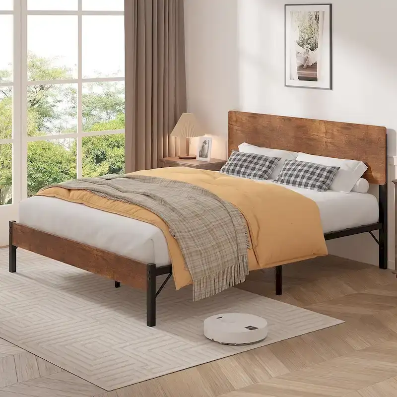 Elegant Iron Queen Bed Frame with MDF Headboard & Footboard - Modern Industrial Style