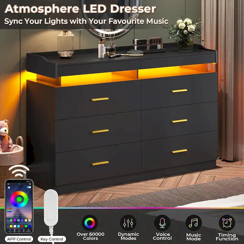6 Drawer Dresser 2 Pull-Out Tray LED Light Chest of Drawers