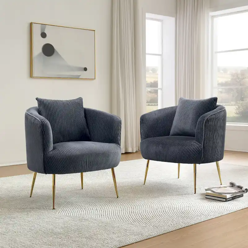 Velvet Barrel Accent Chairs with Golden Legs Set of 2