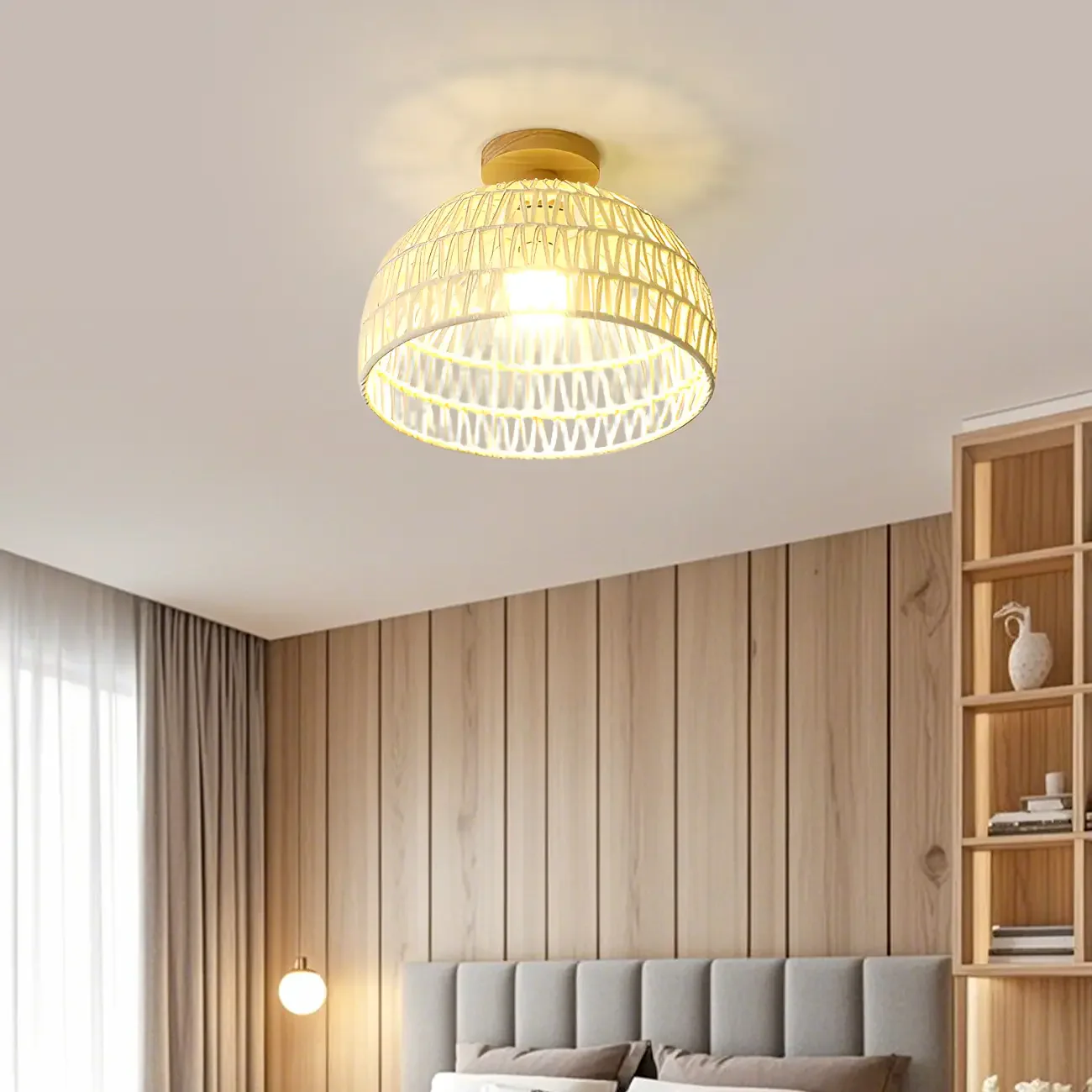 Natural Finish Semi Flush Ceiling Light with Rope Dome Shade