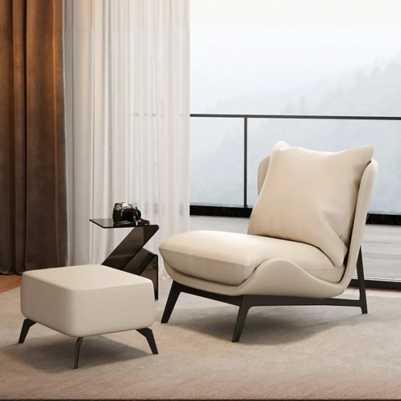 Modern Cat-Resistant Leather Accent Chair with Ottoman