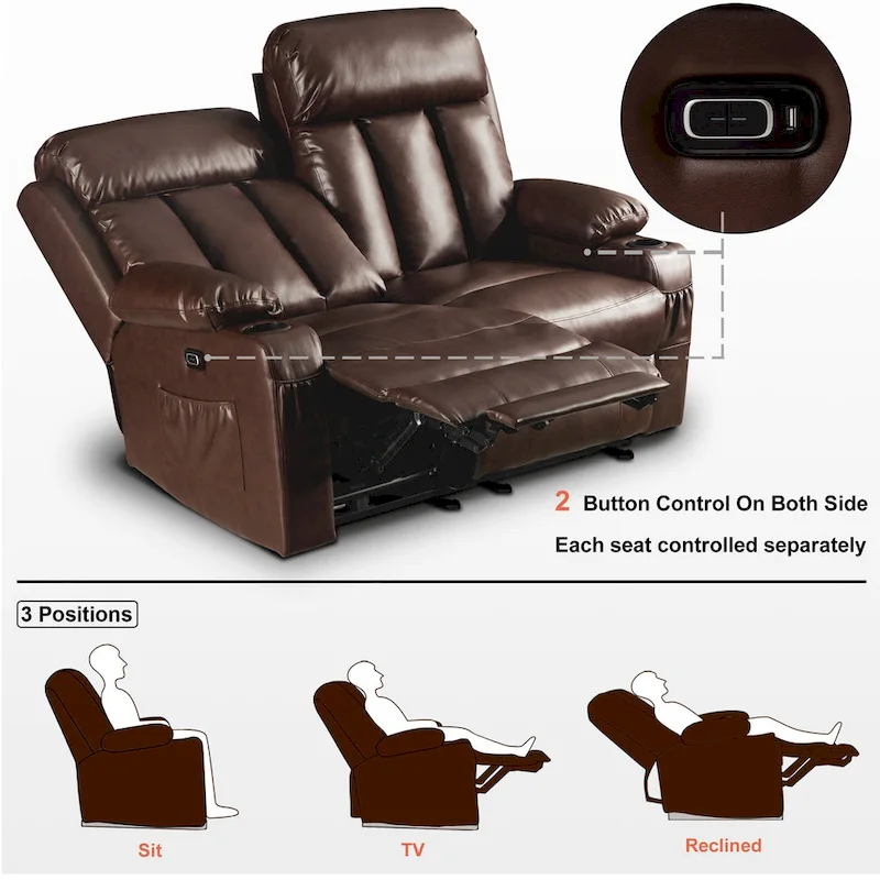 MCombo Electric Power Reclining Sofa with Heat & Massage, Faux Leather 6095/6075/6077