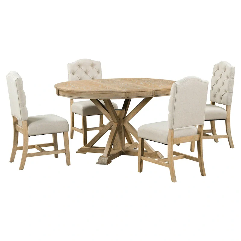 Natural Wood Wash Retro 5-Piece Wooden Dining Table Set with Extendable Round Table & 4 Chairs