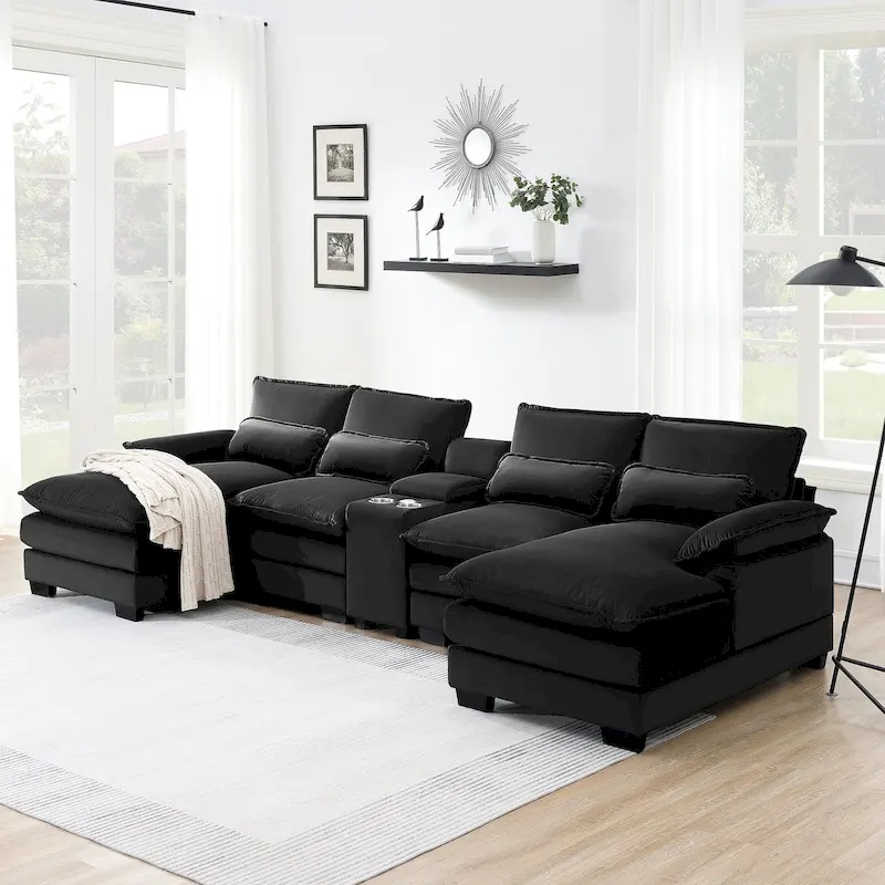 Modern U-shaped Sofa with Console,Cupholders and USB Ports,6-seat Upholstered Symmetrical Indoor Furniture,Black