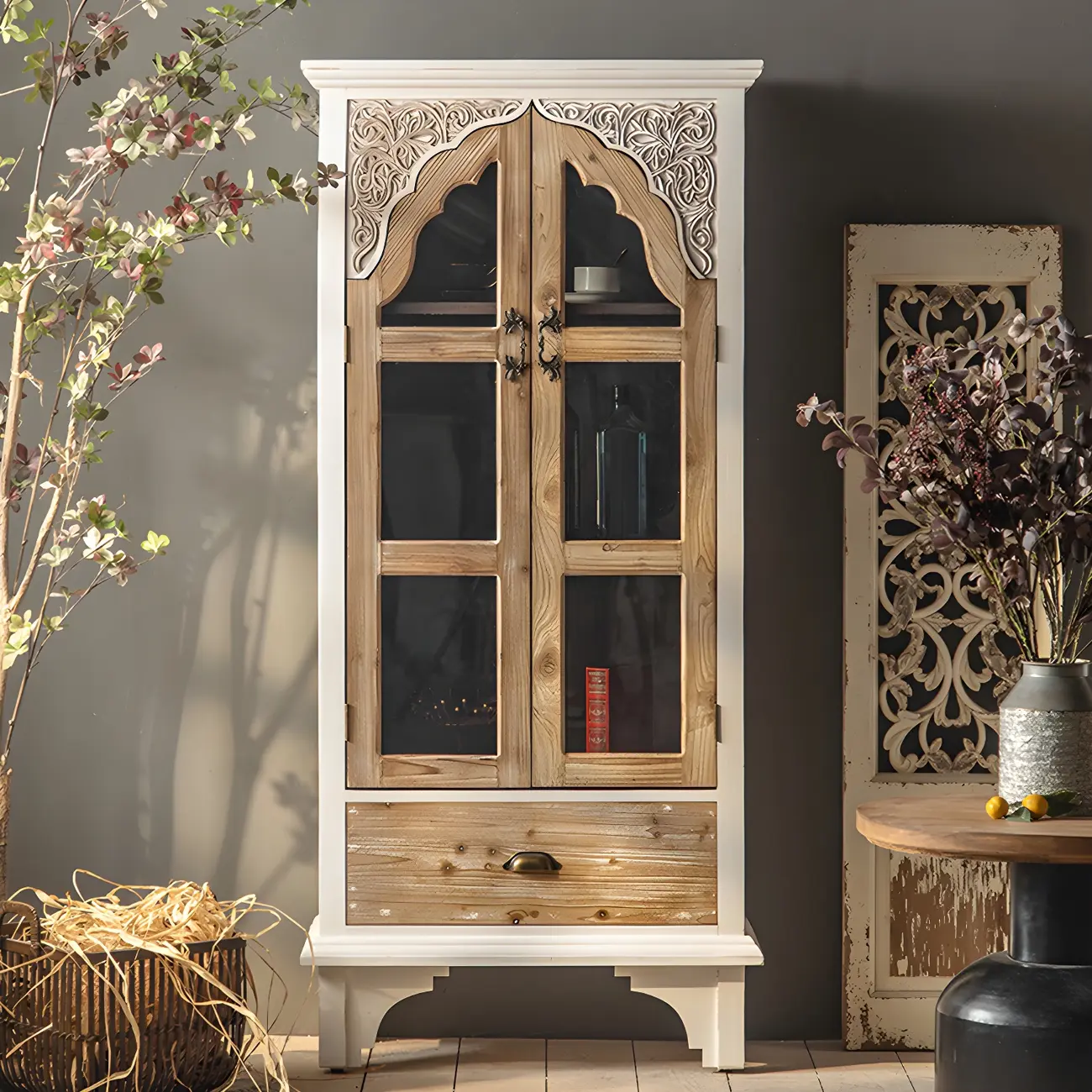 Elegant Arched Glass Doors White Wood China Cabinet