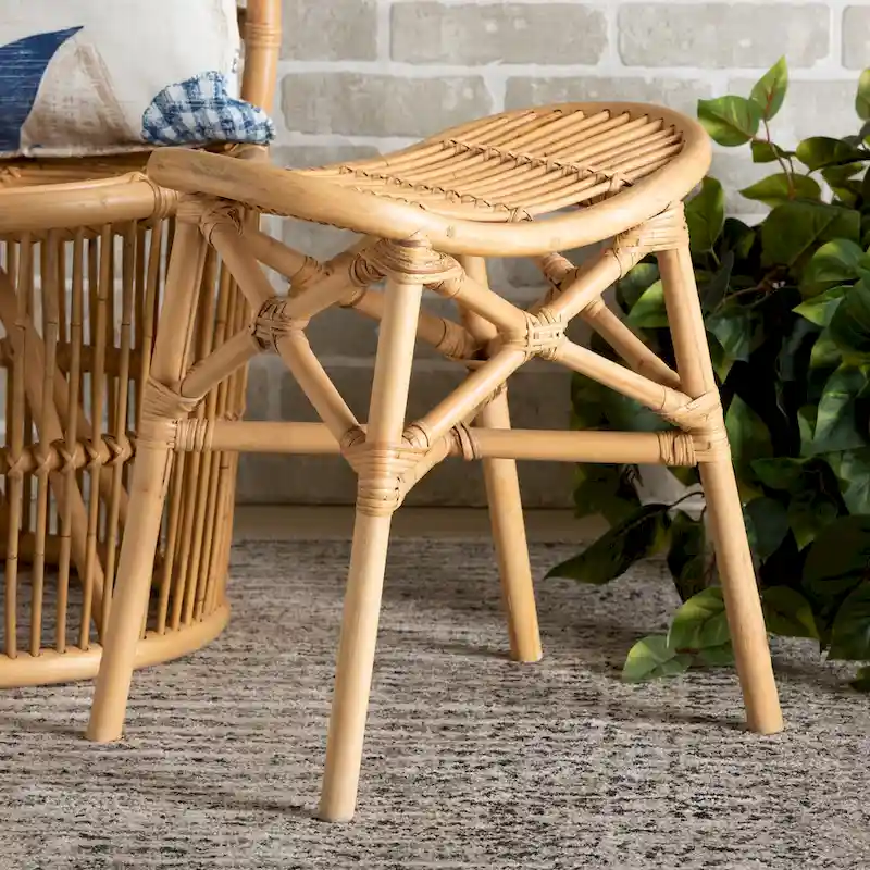 Modern Bohemian Natural Brown Rattan Footstool