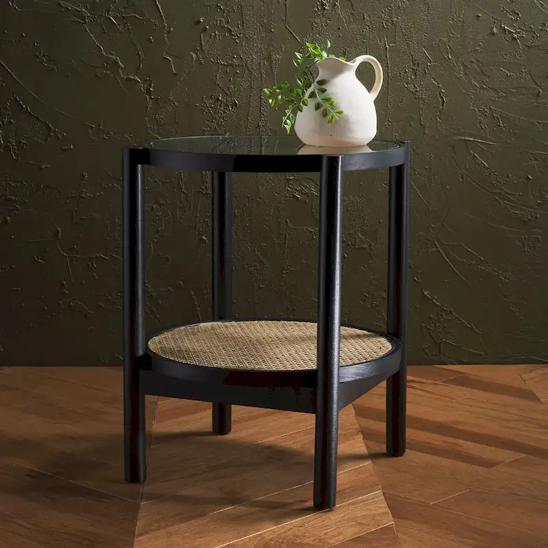 SAFAVIEH Couture Alberdine Rattan/Glass Accent Table - 23 In. W x 23 In. D x 24 In. H - 23W x 23D x 24H